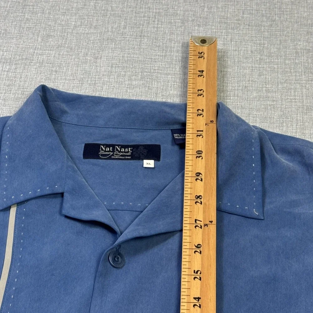 Nat Nast Button-Up Shirt Mens XL Blue Colorblock Silk Short Sleeve Relaxed Fit
